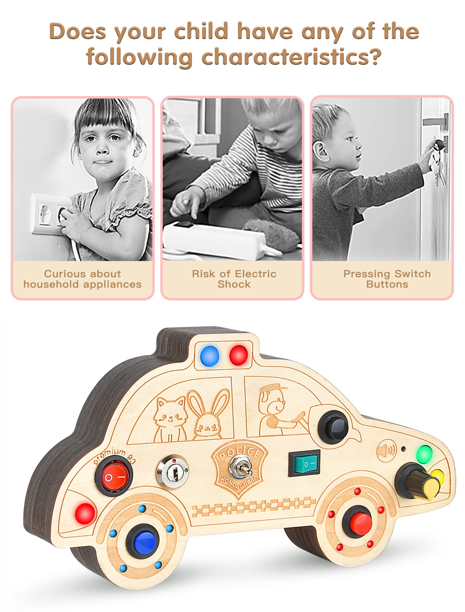 HOOLYUK Busy Board for 3+ Year Old Toddler, Wooden Car Sensory Toy for Autistic Children with LED Light Switches and Toggle Switch, Portable Fidget Toy Great for Travel