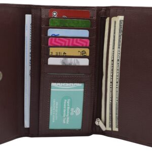 MARSHAL Women's Genuine Leather RFID Trifold Checkbook Slim Wallet for Ladies (Brown)