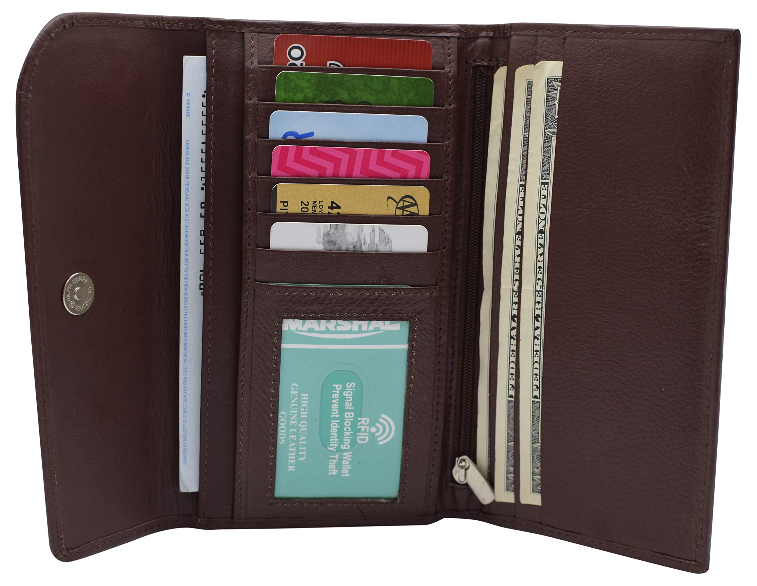 MARSHAL Women's Genuine Leather RFID Trifold Checkbook Slim Wallet for Ladies (Brown)