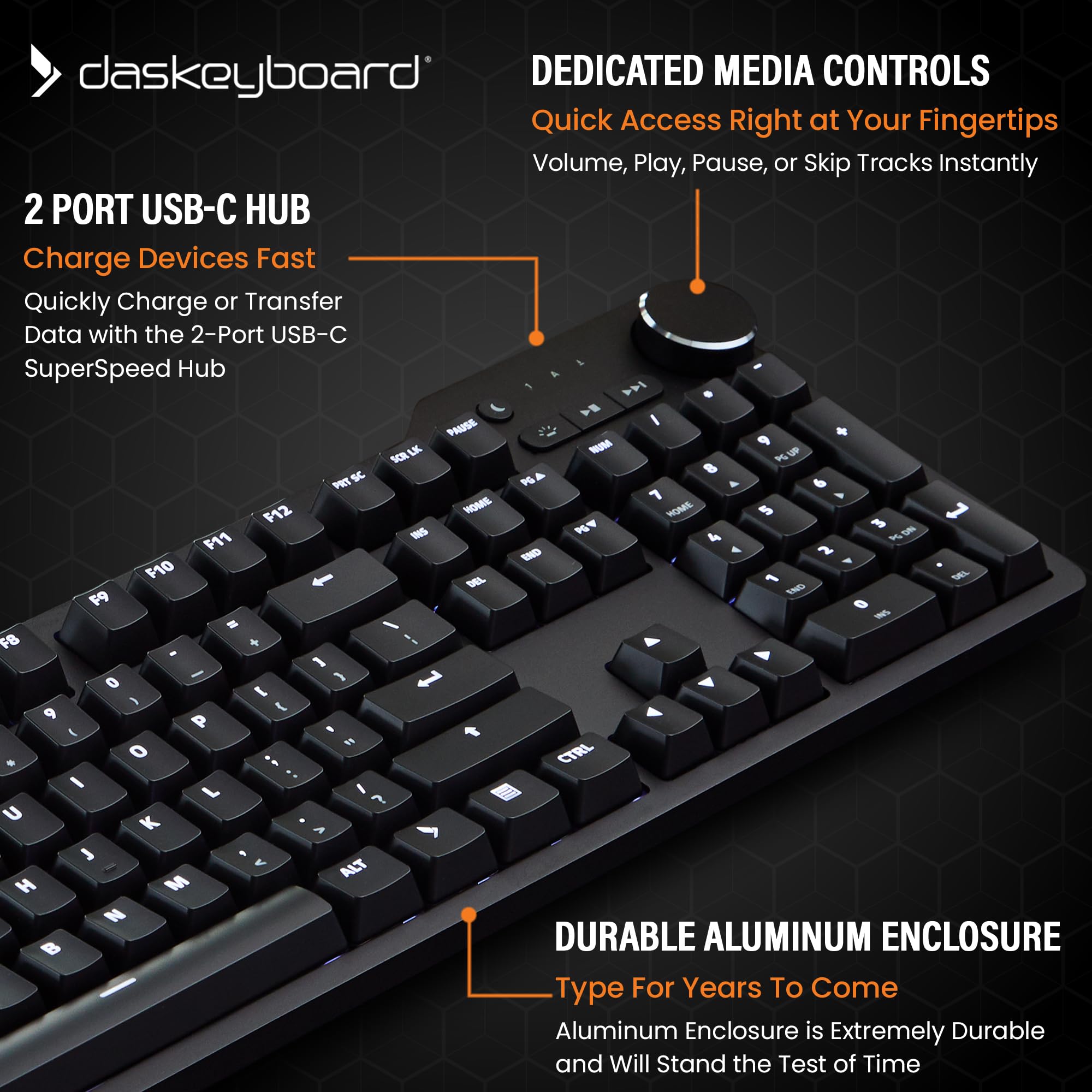 Das Keyboard 6 Professional Backlit Wired Mechanical Keyboard – Clicky Cherry MX Blue Switches, Shine-Through Keycaps, 2-Port USB C Hub, Media Controls, Durable Aluminum Enclosure, Volume Knob, NKRO