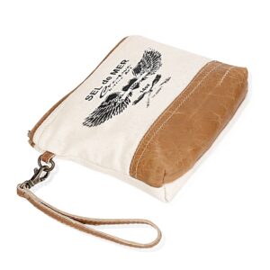 Upcycled Canvas & Leather Wristlet Wallet Handbag for Women Off-white