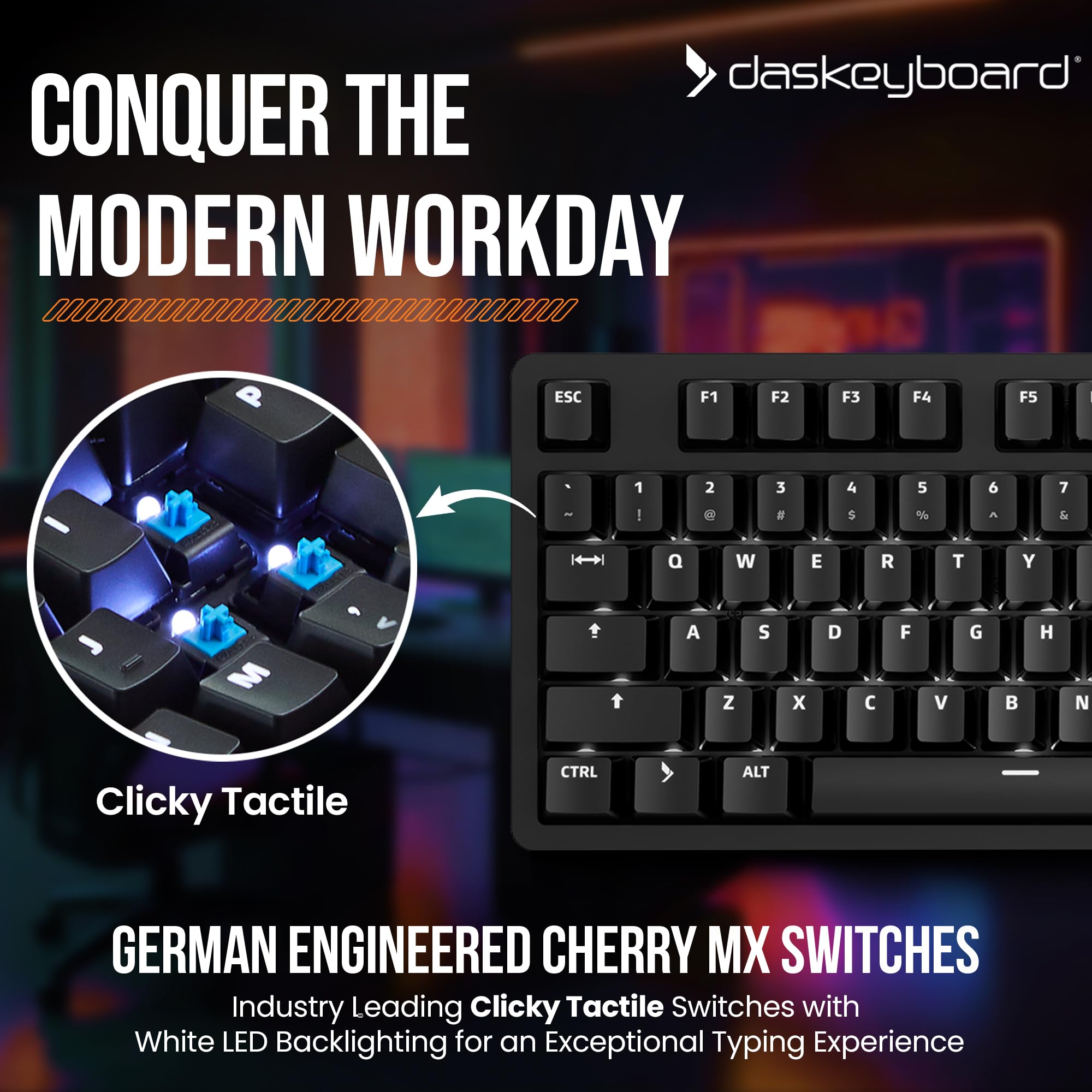 Das Keyboard 6 Professional Backlit Wired Mechanical Keyboard – Clicky Cherry MX Blue Switches, Shine-Through Keycaps, 2-Port USB C Hub, Media Controls, Durable Aluminum Enclosure, Volume Knob, NKRO