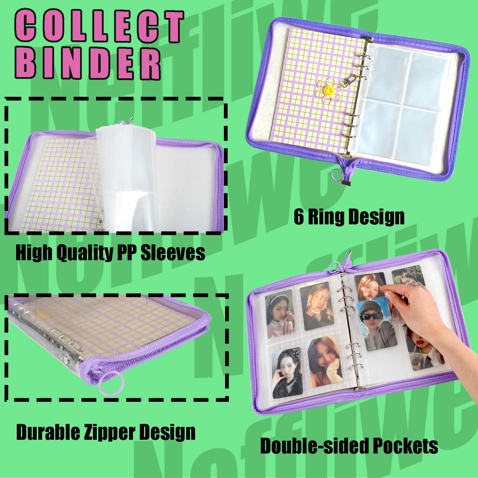 4-Pocket Kpop Photocard Holder Book with 30Pcs Inner Pages 6 Ring A5 Photocard Binder Card Collect Book Hold Up to 240 Cards (Purple)