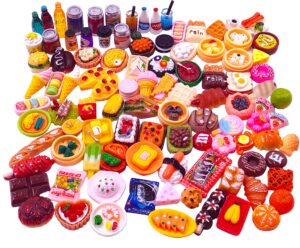 100pcs miniature food drinks bottle toys dollhouse mixed resin accessories for adults kids kitchen accessories for pretend play (hamburger, pizza,cake,ice cream,bread)