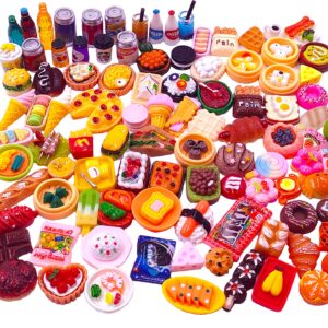 100pcs Miniature Food Drinks Bottle Toys Dollhouse Mixed Resin Accessories for Adults Kids Kitchen Accessories for Pretend Play (Hamburger, Pizza,Cake,Ice Cream,Bread)