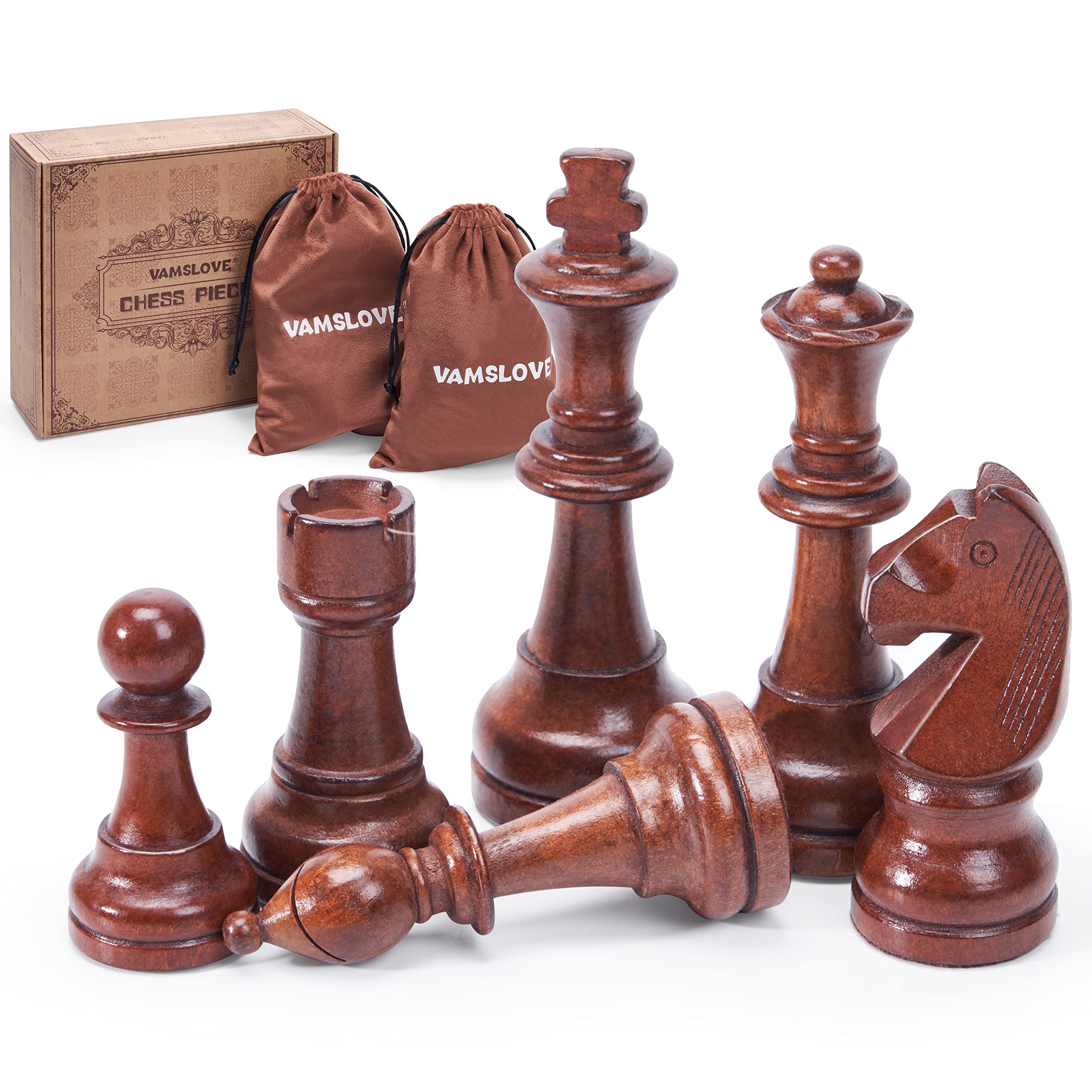 Vamslove Wooden Chess Pieces Large 4.5'' King Set of 32 Luxury Staunton Wood Chessmen for Chess Game Board (Chess Pieces Only), Velvet Storage Bags Included