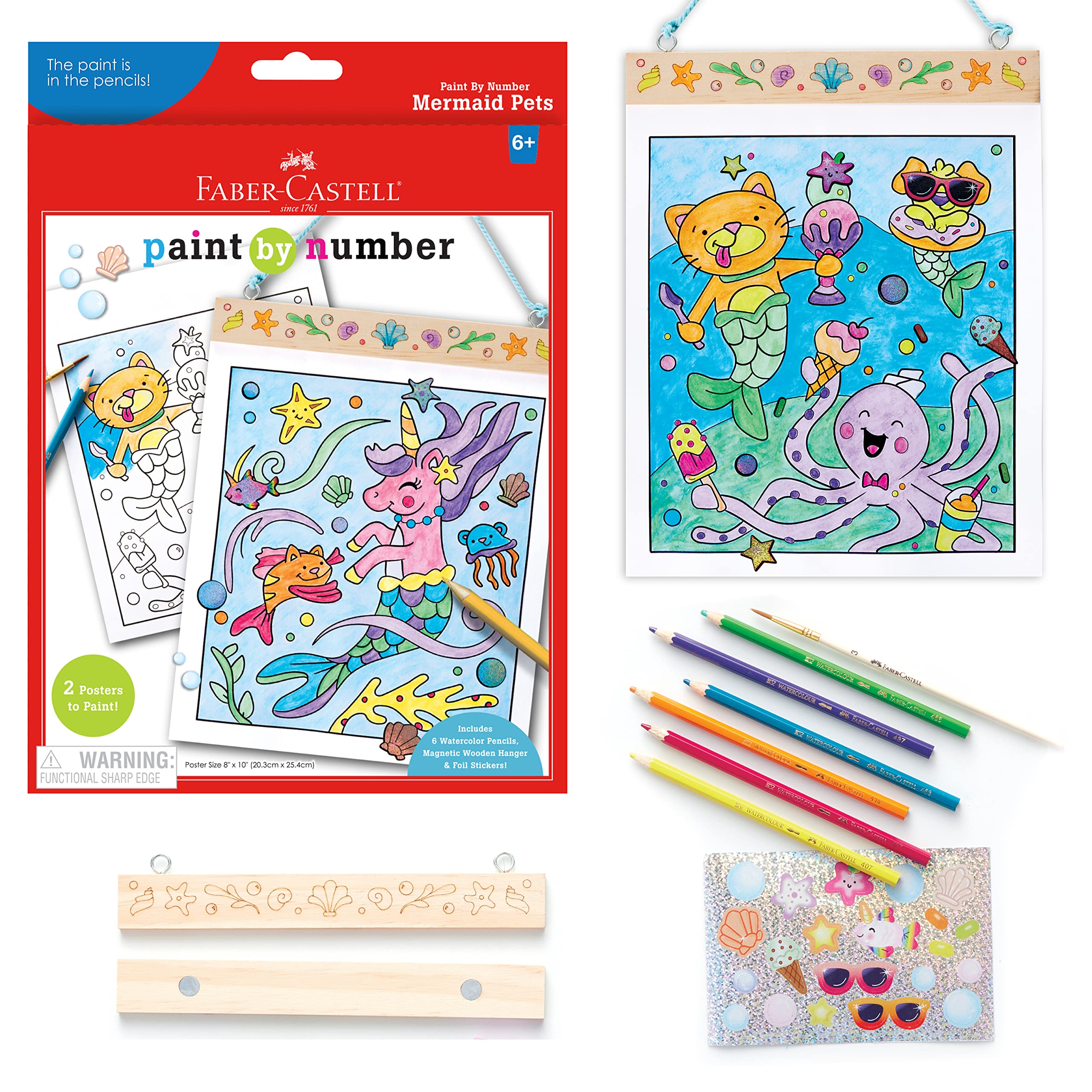 Faber-Castell Paint by Number Mermaid Pets - Kids Watercolor Mermaid Craft for Ages 6-8+