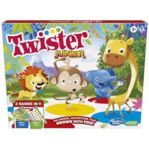 hasbro gaming twister junior game, animal adventure 2-sided mat, 2 games in 1, party game for kids ages 3 and up, indoor game for 2-4 players