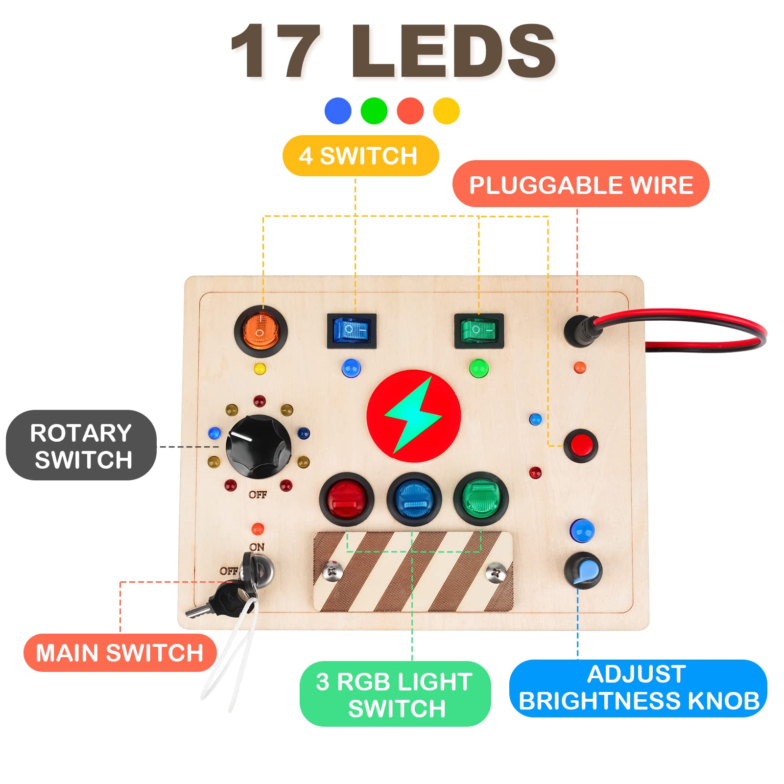 Joyreal Montessori Busy Board Sensory Toys for Toddlers with LED Light Up Switch, Toddler Busy Board Fidget Toys, Educational Learning Fidget Travel Toys for Boys Girls