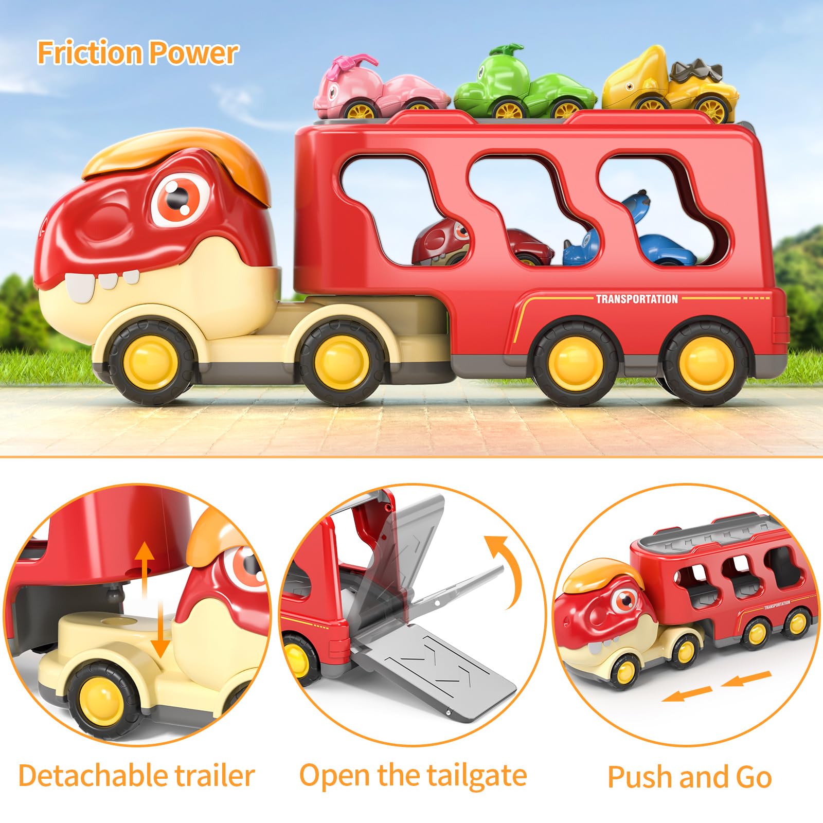 Dinosaur Truck Toys for Kids 3-5, Friction Power Transport Car Load 5 Cartoon Pull Back Dino Figures Vehicle, Toddler Carrier Truck Play Set, Birthday Gift for 3 4 5 6+ Year Old Boys and Girls