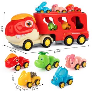 Dinosaur Truck Toys for Kids 3-5, Friction Power Transport Car Load 5 Cartoon Pull Back Dino Figures Vehicle, Toddler Carrier Truck Play Set, Birthday Gift for 3 4 5 6+ Year Old Boys and Girls