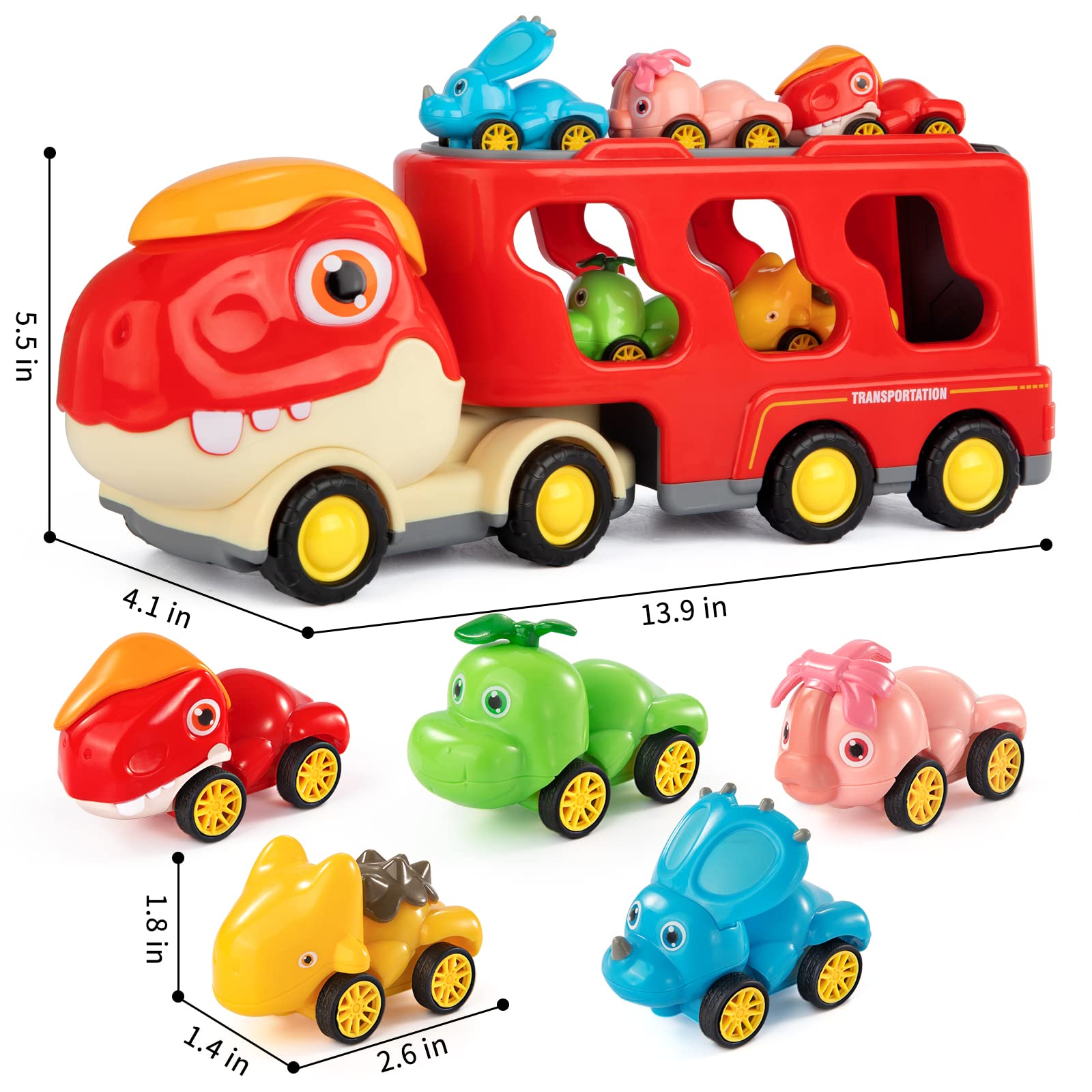 Dinosaur Truck Toys for Kids 3-5, Friction Power Transport Car Load 5 Cartoon Pull Back Dino Figures Vehicle, Toddler Carrier Truck Play Set, Birthday Gift for 3 4 5 6+ Year Old Boys and Girls