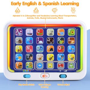 PLAY Spanish & English Learning Tablet for Toddlers 1-3, Kids Bilingual Interactive Alphabet ABC Letters, Words, Color Learning Toys Tablets, Educational Toy for 2+ Year Old Kids Babies 18 Month+