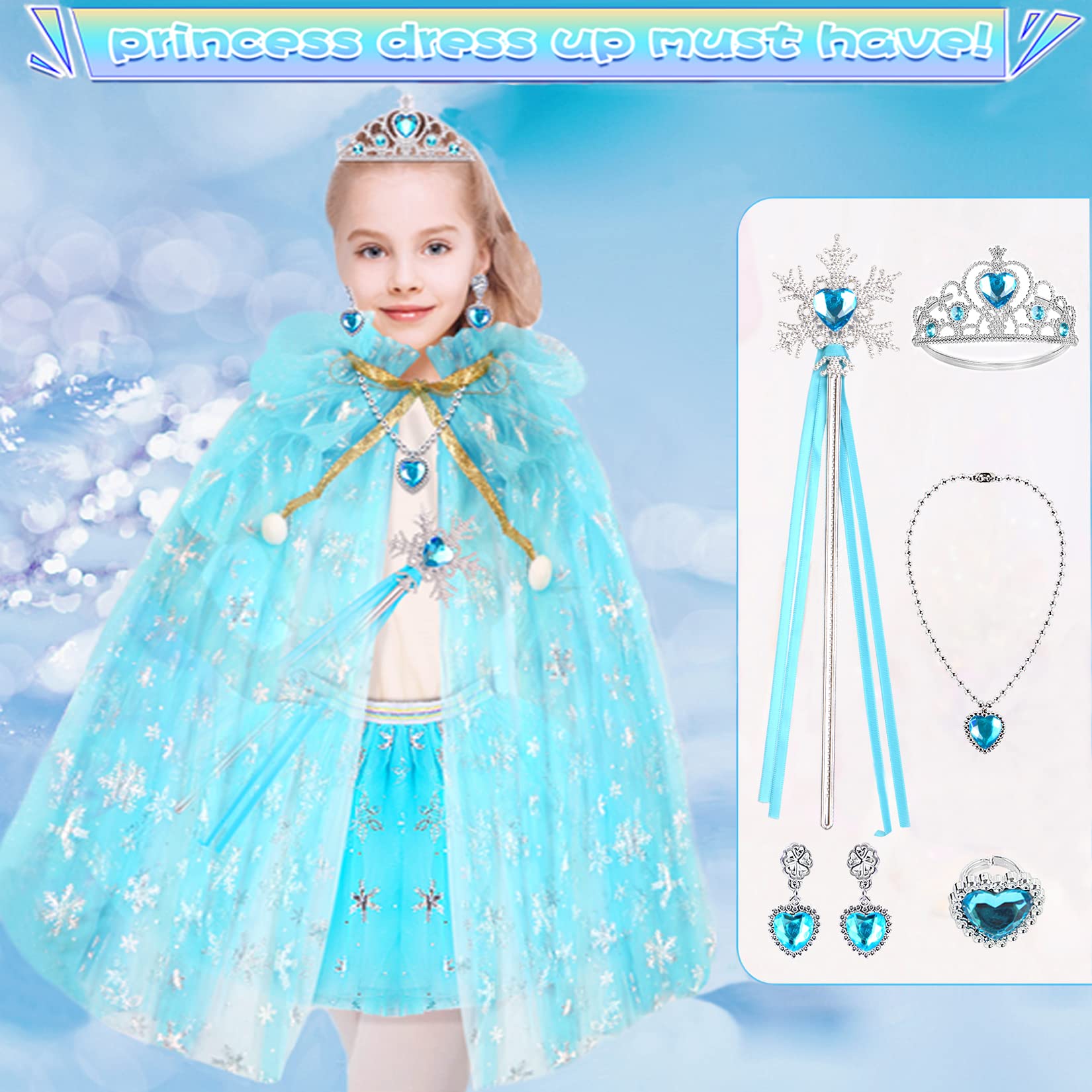 BesJonie Princess Dresses for Girls,Princess Dress Up Clothes Cape Skirt Toys for 3 4 5 6 Year Old Girl Birthday Gift Ideas (Blue Snowflake)