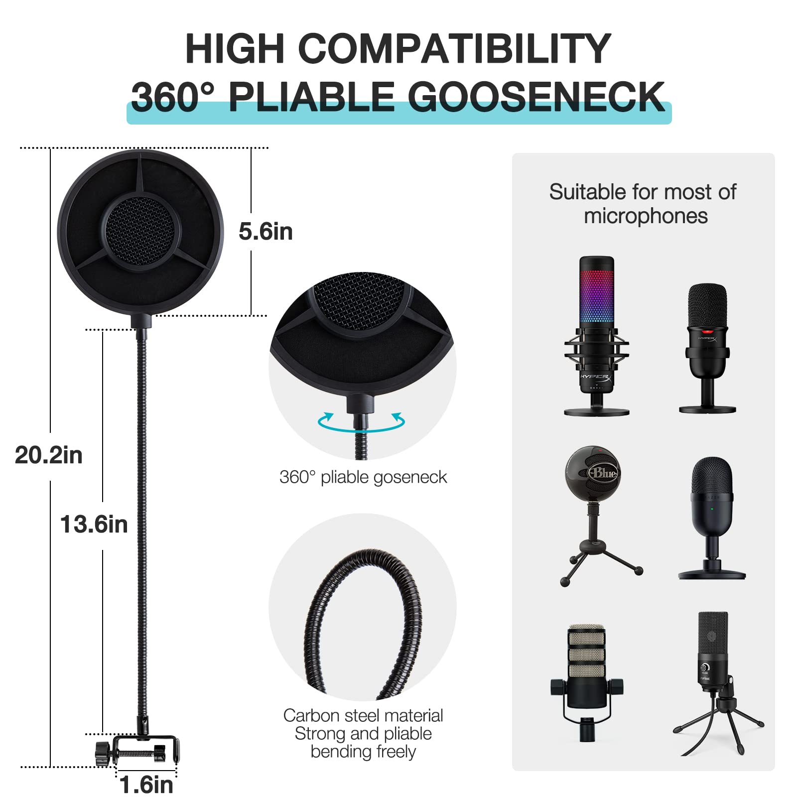 YOUSHARES 6-layer Pop Filter Compatible with HyperX QuadCast, Blue Yeti, Razer, Fifine and Other Mic, Upgraded Metal Microphone Pop Filter Windscreen with Flexible 360°Gooseneck