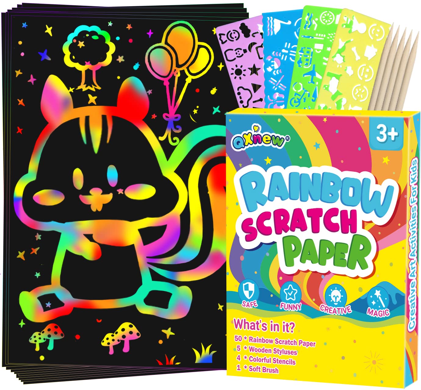 QXNEW Scratch Paper Art Gifts: Rainbow Scratch Off Art-Craft Supplies Kits Pad for 3 4 5 6 7 8 Year Old Boys Girls Toys for Birthday Christmas Halloween Thanksgiving Party Favors Fun Games