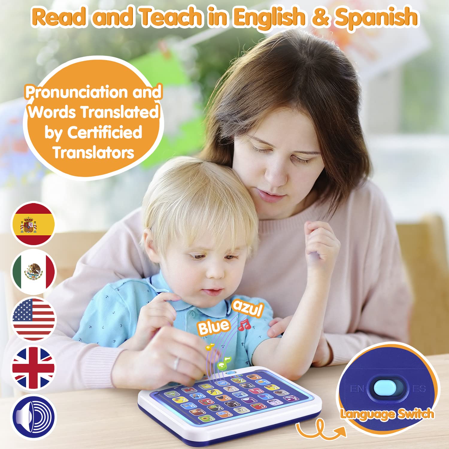 PLAY Spanish & English Learning Tablet for Toddlers 1-3, Kids Bilingual Interactive Alphabet ABC Letters, Words, Color Learning Toys Tablets, Educational Toy for 2+ Year Old Kids Babies 18 Month+