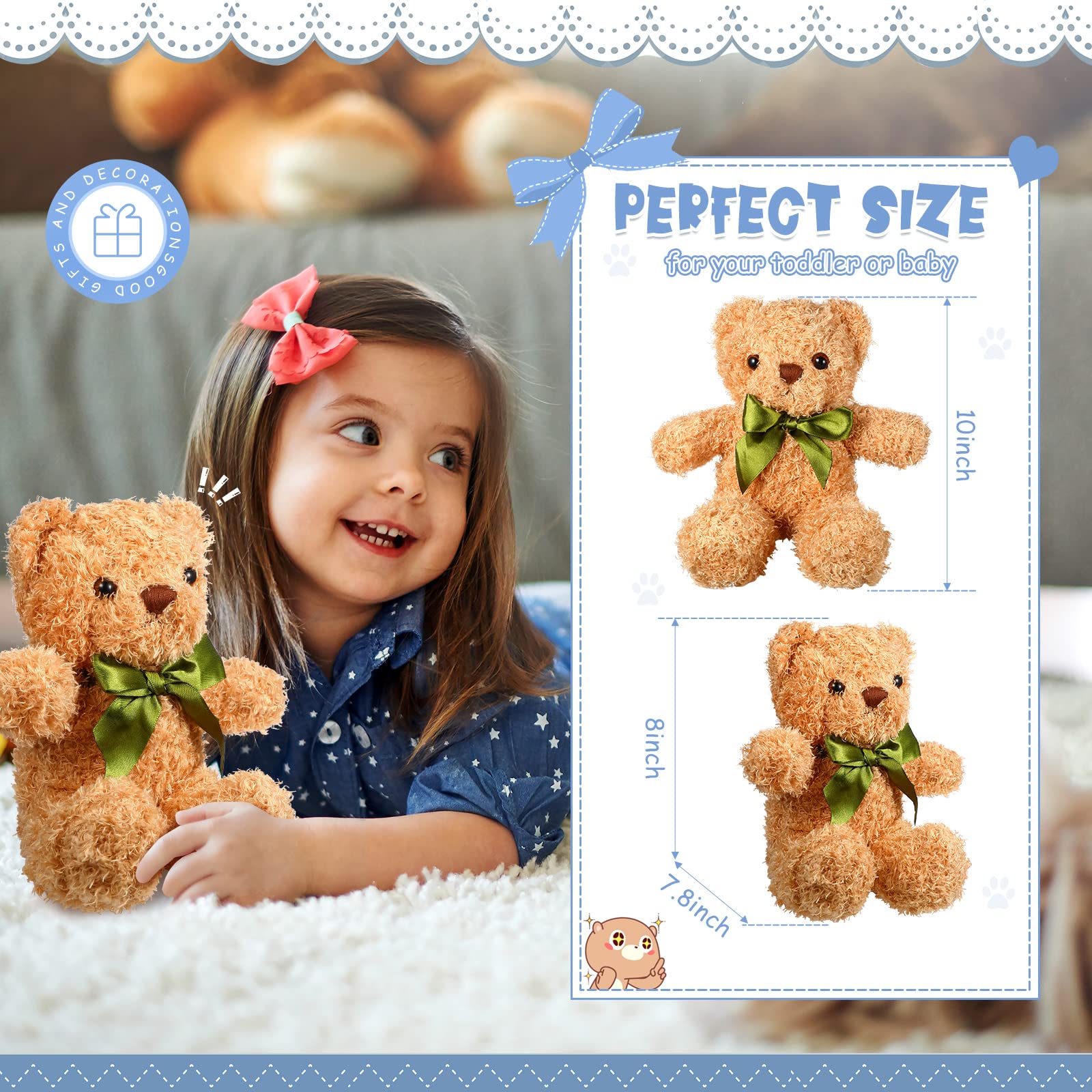 HyDren 24 Pcs Cute Stuffed Bear Plush Doll Gift Bulk 10 Inch Children's Sleeping and Playing Bear Toy Preschool Animals Christmas Party Favor Brown Bear with Bow Tie for Baby Shower Birthday