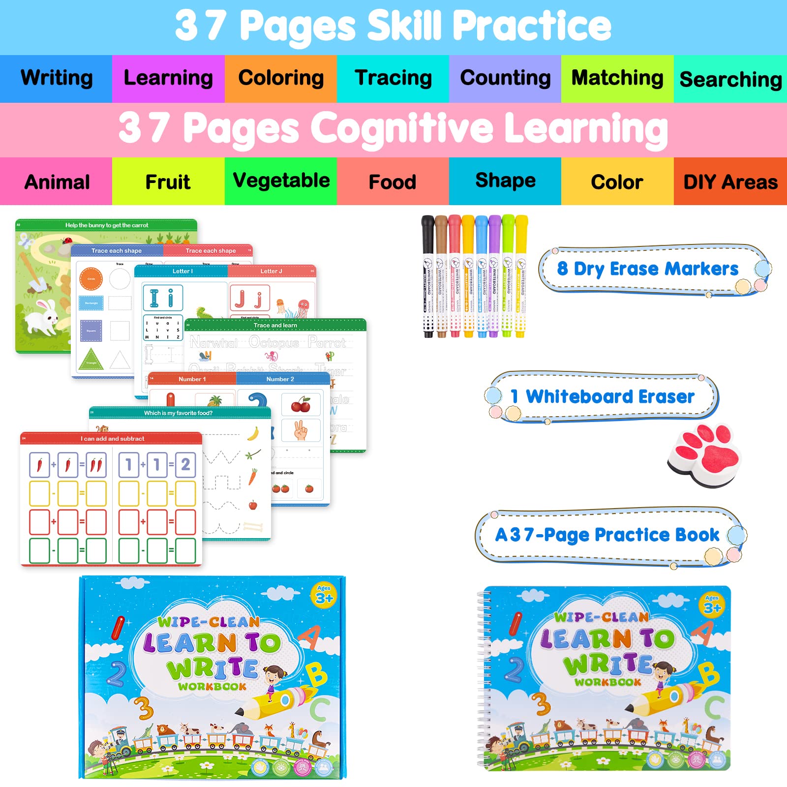 Toddlers Toys for 3+ 4 5 6 7 8 Year Old Boys Girls - Handwriting Practice Books Kindergarten Workbooks - Montessori Learning Toys for Kids Ages 3-4 4-8 5-7, Birthday Gifts Back to School Book Supplies