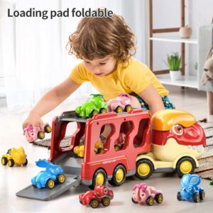 Dinosaur Truck Toys for Kids 3-5, Friction Power Transport Car Load 5 Cartoon Pull Back Dino Figures Vehicle, Toddler Carrier Truck Play Set, Birthday Gift for 3 4 5 6+ Year Old Boys and Girls