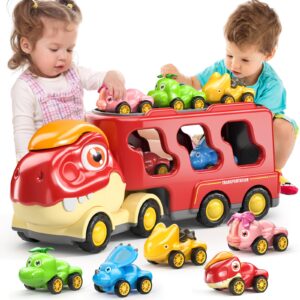 dinosaur truck toys for kids 3-5, friction power transport car load 5 cartoon pull back dino figures vehicle, toddler carrier truck play set, birthday gift for 3 4 5 6+ year old boys and girls