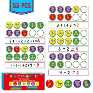 Magnetic Ten-Frame Set, 5 Frames & 55 Colorful Counters Ten Frame Math Games Jungle Themed Math Manipulative Counting Toys for Kindergarten Preschool, 5 Colors & 5 Animals (Fridge & Hand-held)