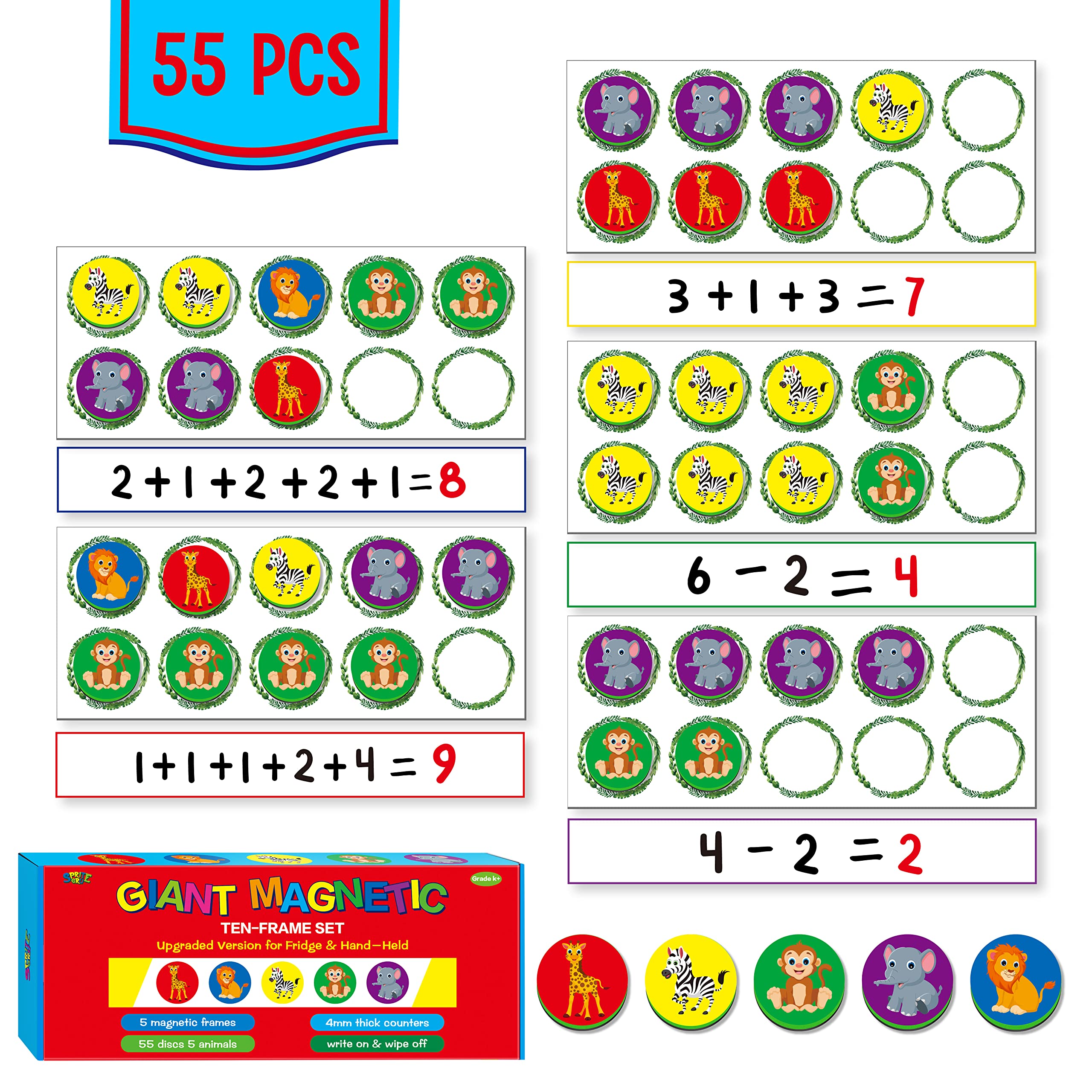 Magnetic Ten-Frame Set, 5 Frames & 55 Colorful Counters Ten Frame Math Games Jungle Themed Math Manipulative Counting Toys for Kindergarten Preschool, 5 Colors & 5 Animals (Fridge & Hand-held)