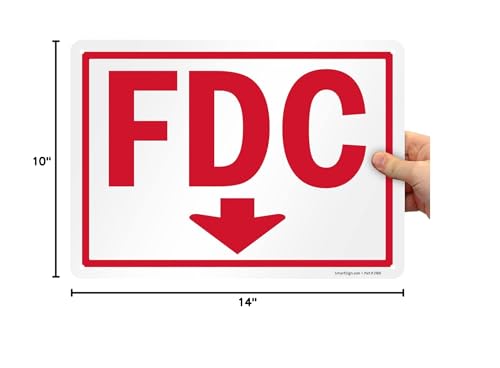 SmartSign 10 x 14 inch “FDC Fire Department Connection” Sign with Down Arrow and Pre-Cleared Holes, 55 mil HDPE Plastic, Red and white, Made in USA