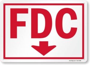 smartsign 10 x 14 inch “fdc fire department connection” sign with down arrow and pre-cleared holes, 55 mil hdpe plastic, red and white, made in usa