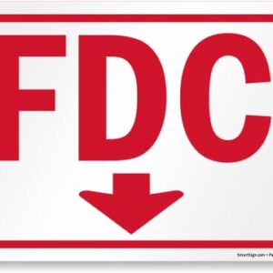 SmartSign 10 x 14 inch “FDC Fire Department Connection” Sign with Down Arrow and Pre-Cleared Holes, 55 mil HDPE Plastic, Red and white, Made in USA