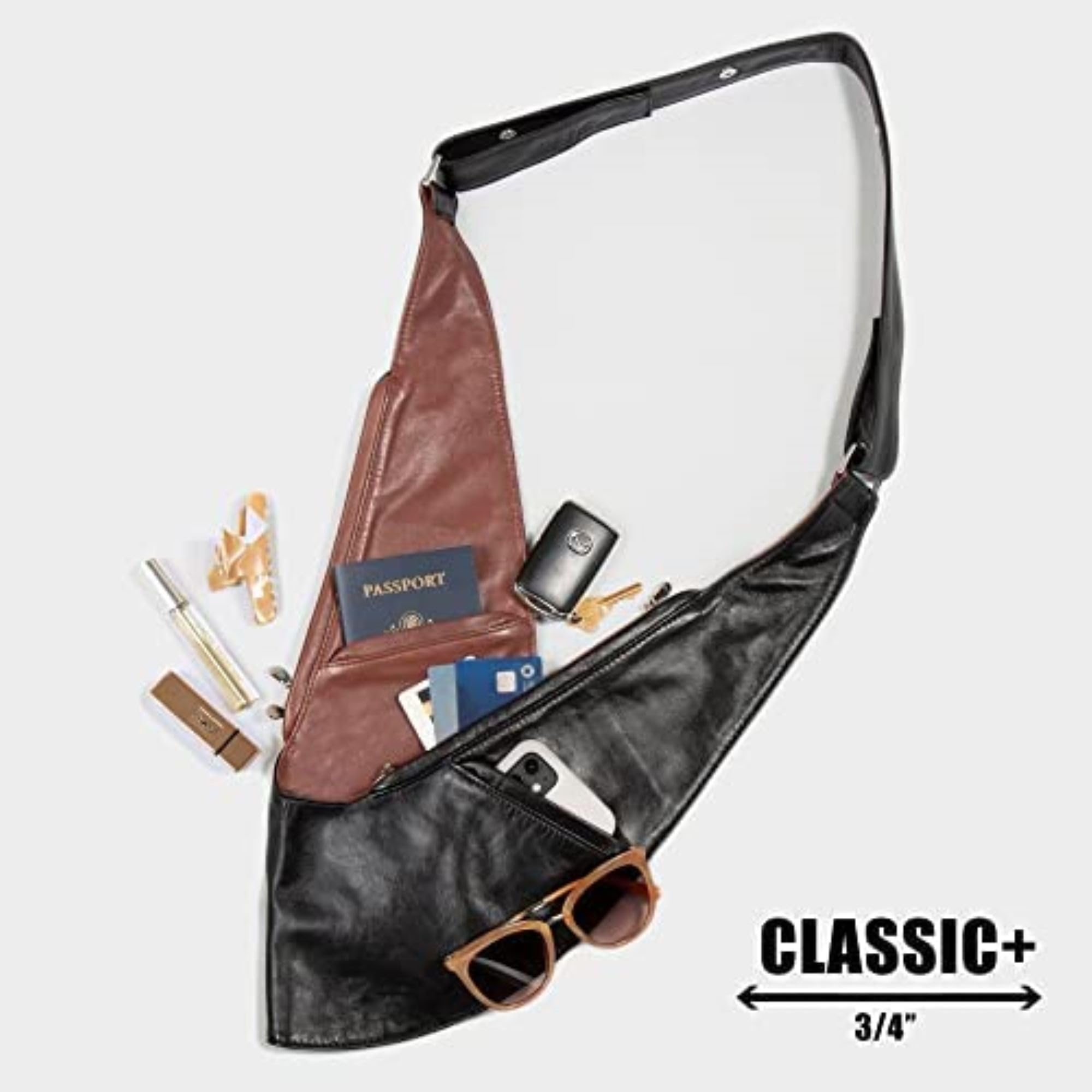 SASH Crossbody Bag - Black or Brown Reversible Genuine Leather Purse for Women - Travel Sling Bag with FRID-Protected Wallet