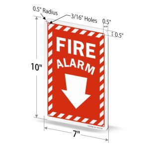 SmartSign 10 x 7 inch “Fire Alarm” Sign with Down Arrow and Pre-Cleared Holes, Digitally Printed, 55 mil HDPE Plastic, Red and white, Made in USA