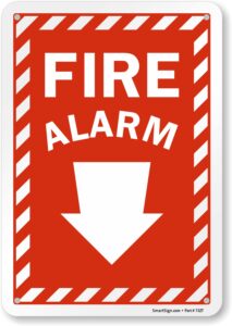 smartsign 10 x 7 inch “fire alarm” sign with down arrow and pre-cleared holes, digitally printed, 55 mil hdpe plastic, red and white, made in usa