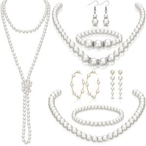 Yaomiao 8 Pcs Pearl Jewelry Set 1920s Costume Accessories for Women Long Pearl Necklace Hoop Earrings Bracelet New Year Gift(Vintage Style)