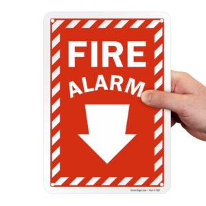 SmartSign 10 x 7 inch “Fire Alarm” Sign with Down Arrow and Pre-Cleared Holes, Digitally Printed, 55 mil HDPE Plastic, Red and white, Made in USA