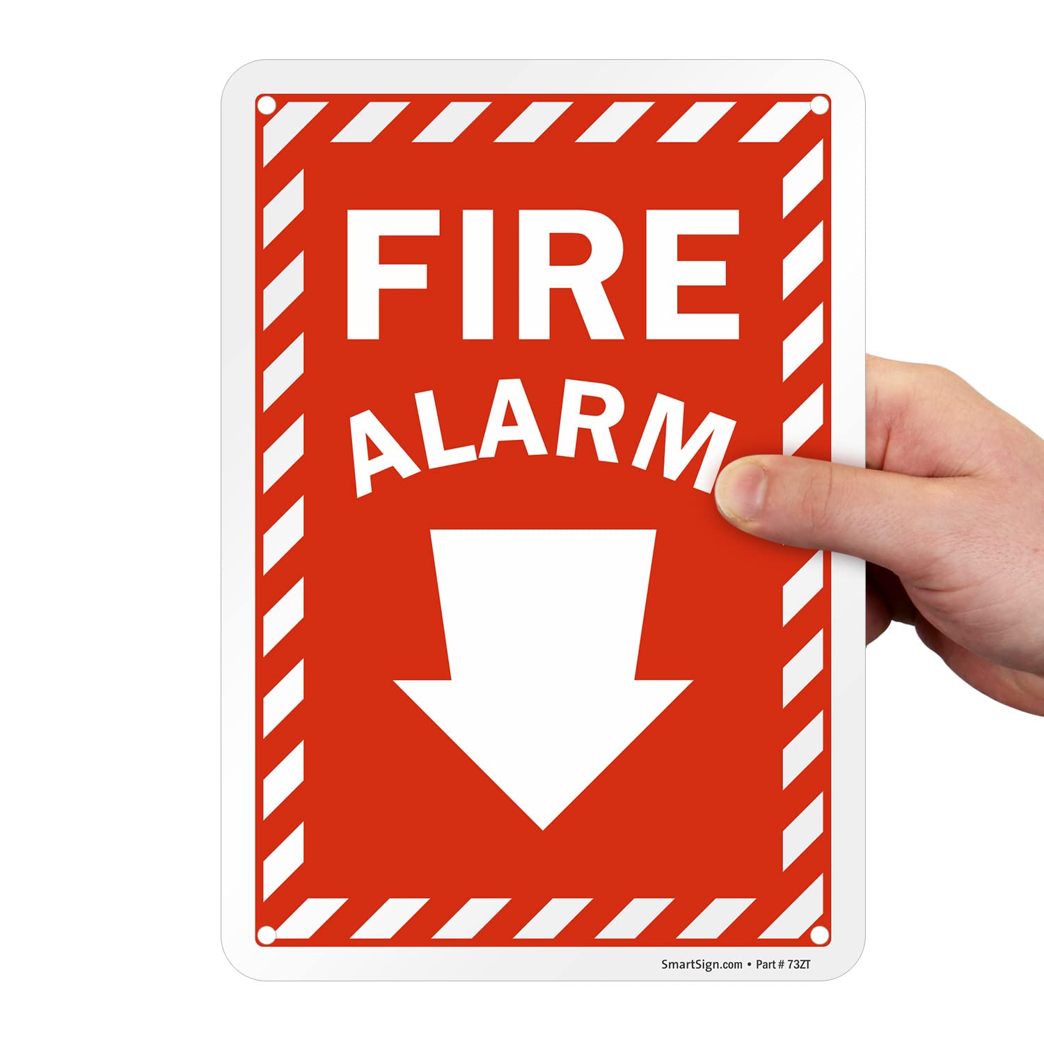 SmartSign 10 x 7 inch “Fire Alarm” Sign with Down Arrow and Pre-Cleared Holes, Digitally Printed, 55 mil HDPE Plastic, Red and white, Made in USA