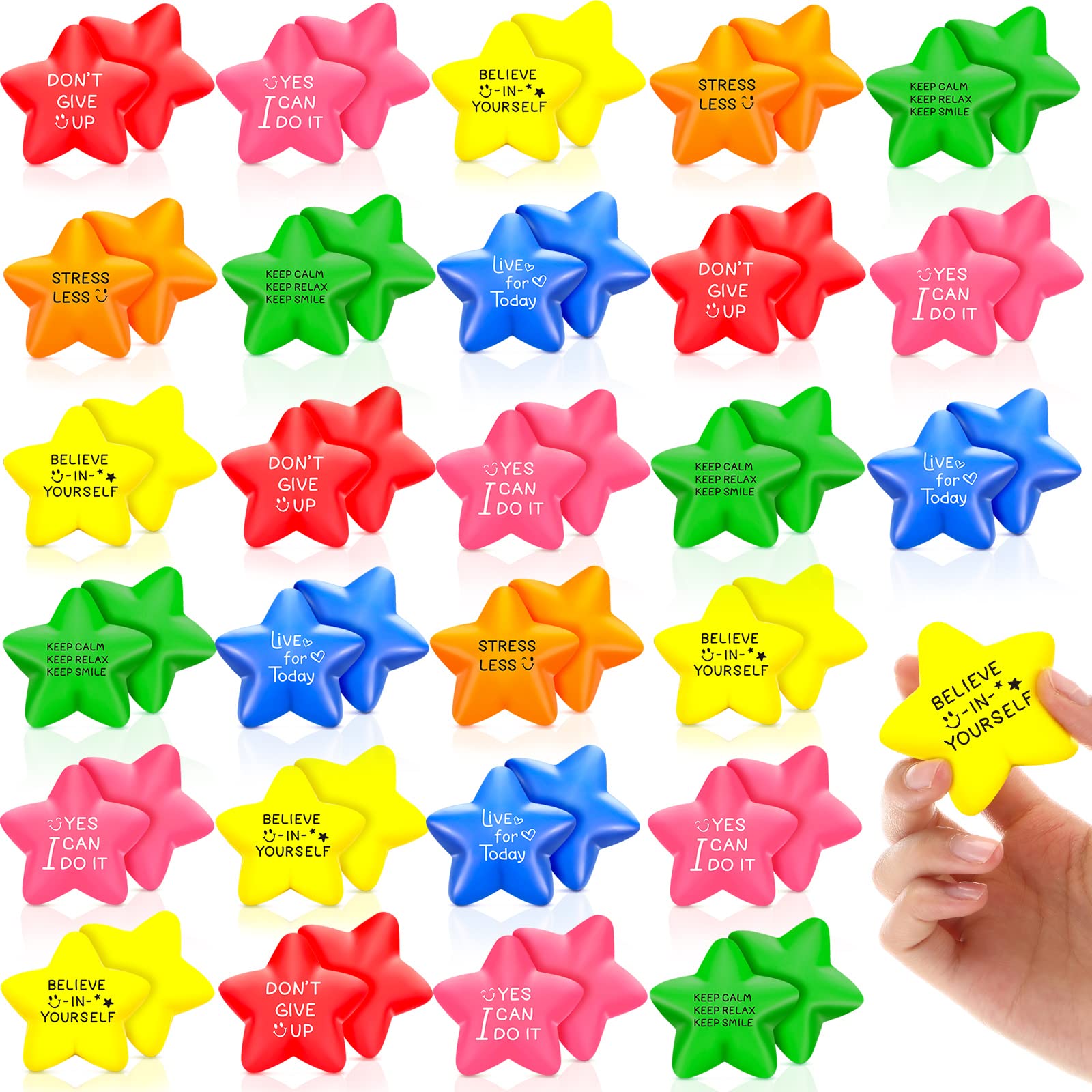 48 Pcs Motivational Star Stress Balls 2.2 Inch Stress Relief Ball with Quotes Colorful Foam Ball Inspirational Hand Exercise Toys for Relieve Anxiety Party School Carnival Reward (Bright Color)