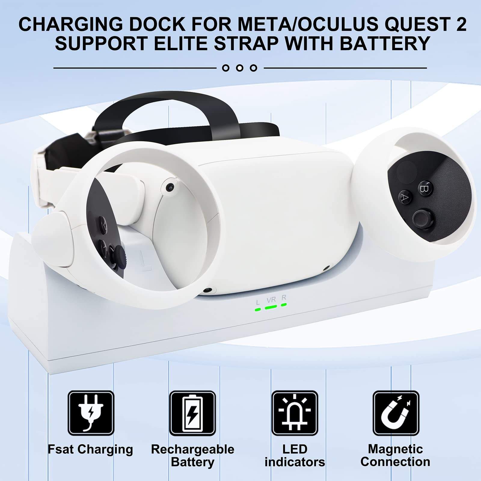 VR Charger Dock for Quest 2 Accessories, Station Stand for Charging Meta/Oculus Quest 2 Controller Headset with Elite Strap Attached (includes 2 x 2100mAh Rechargeable Batteries)