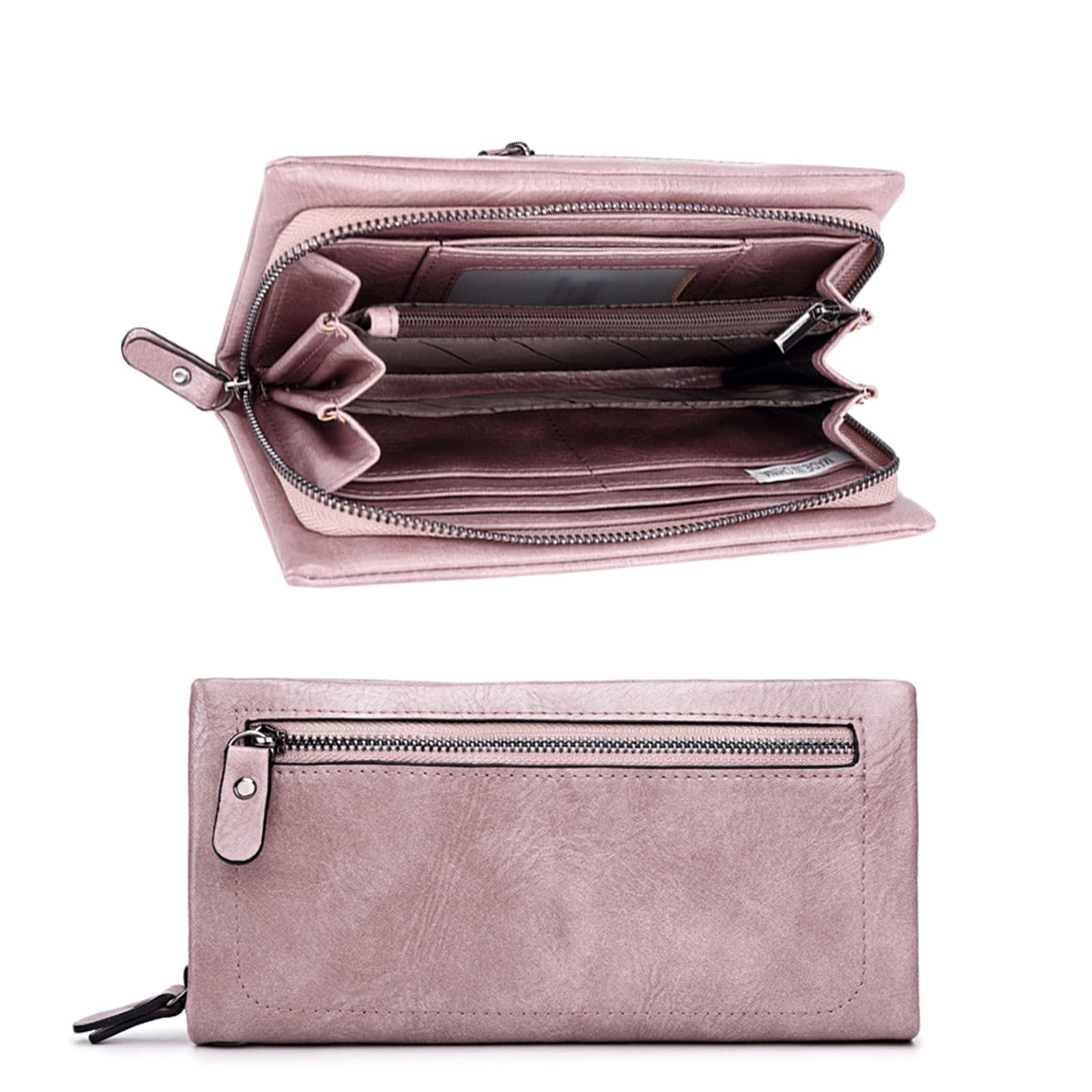 FieemoSun Long Zipper Wallet for Women - Large Capacity Clutch Wallet Portable Hand Wallets Multifunction Wristlet Wallets Easy to Use, Suitable for Daily,Travel,Shopping (Pink)