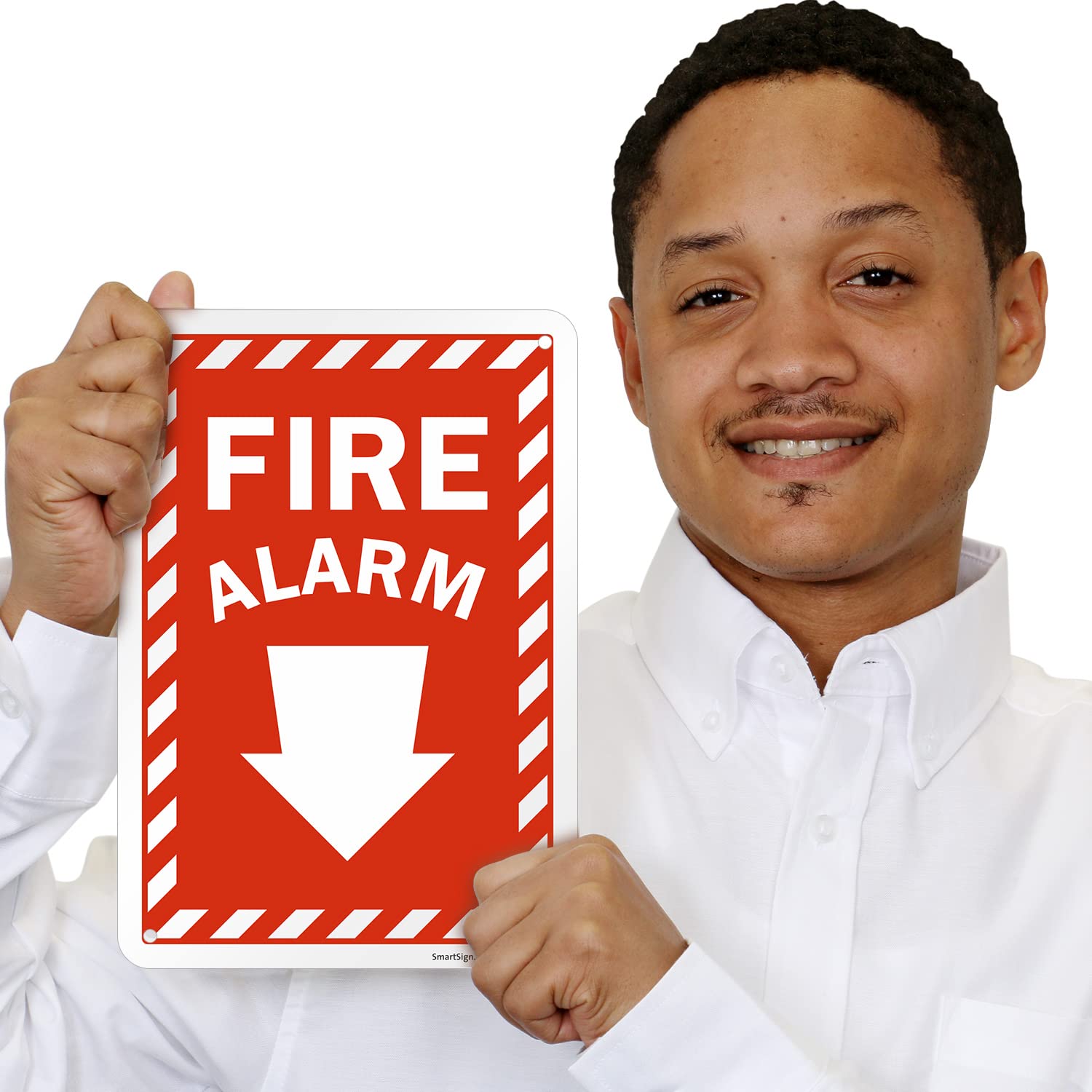 SmartSign 10 x 7 inch “Fire Alarm” Sign with Down Arrow and Pre-Cleared Holes, Digitally Printed, 55 mil HDPE Plastic, Red and white, Made in USA