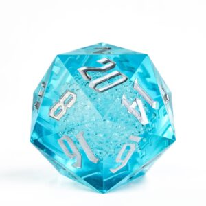 Poludie D20 Single Dice 55mm, 20 Sided DND Dice, Giant D20 D&D Polyhedral Dice Large D20 with Dice Gift Box for Dungeons and Dragons, RPG, MTG Table Games (Transparent Blue Bubbles)