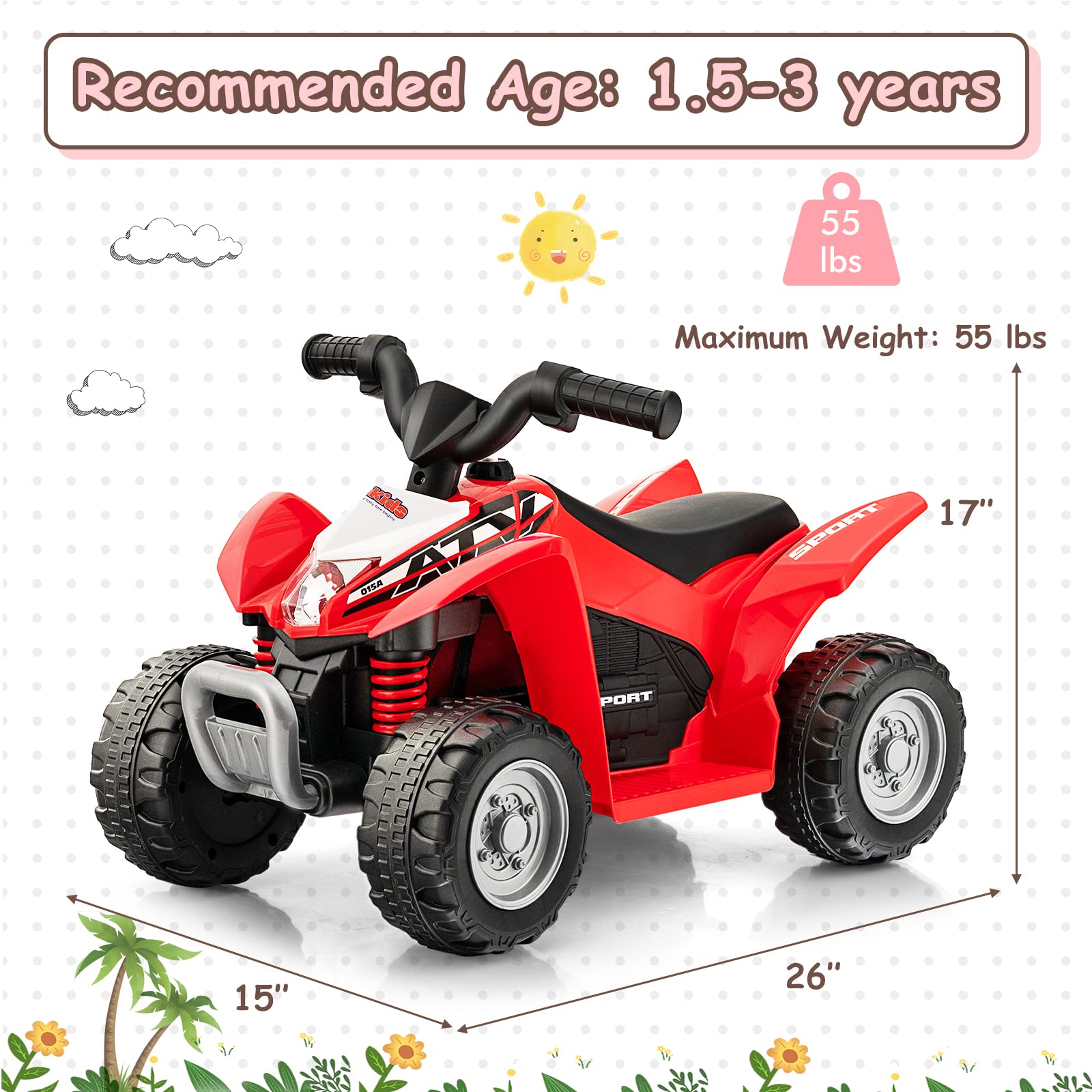 OLAKIDS Kids Ride On ATV, 6V Electric Vehicle for Toddlers, 4 Wheeler Battery Powered Motorized Quad Toy Car for Boys Girls with LED Lights, Horn (Garnet)