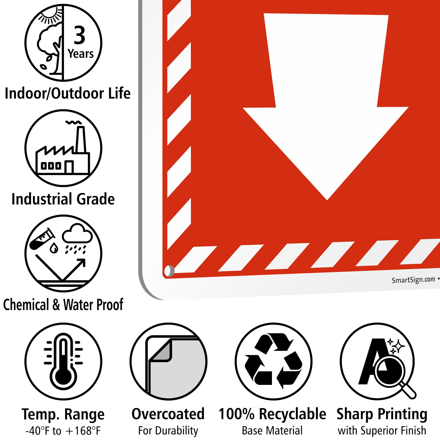 SmartSign 10 x 7 inch “Fire Alarm” Sign with Down Arrow and Pre-Cleared Holes, Digitally Printed, 55 mil HDPE Plastic, Red and white, Made in USA