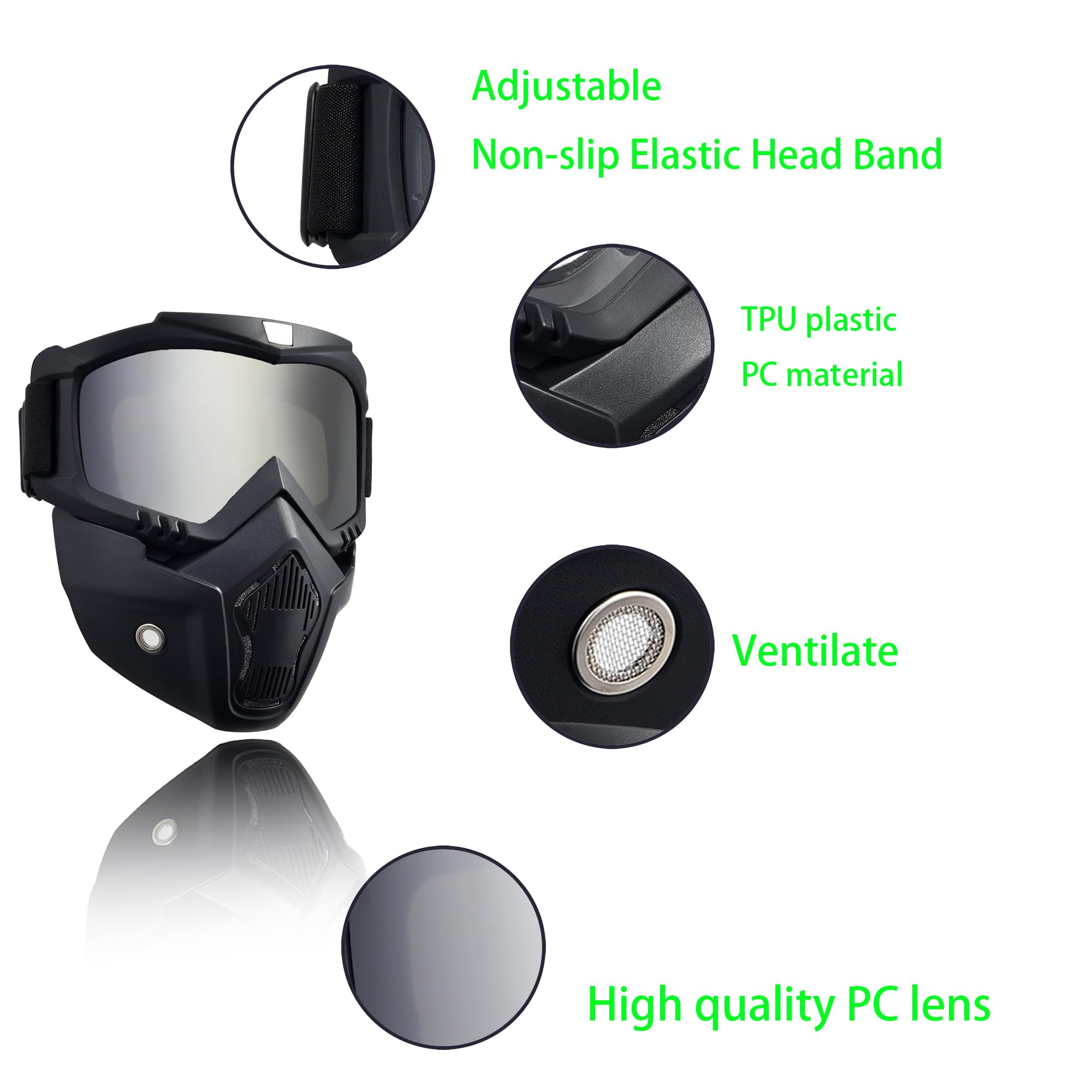 Motorcycle Helmet Riding Goggles Glasses,Protective Gear Compatible with Helmet for Men Women Kids Youth,Detachable Silver Goggles for Motorcycle ATV Dirt Bike