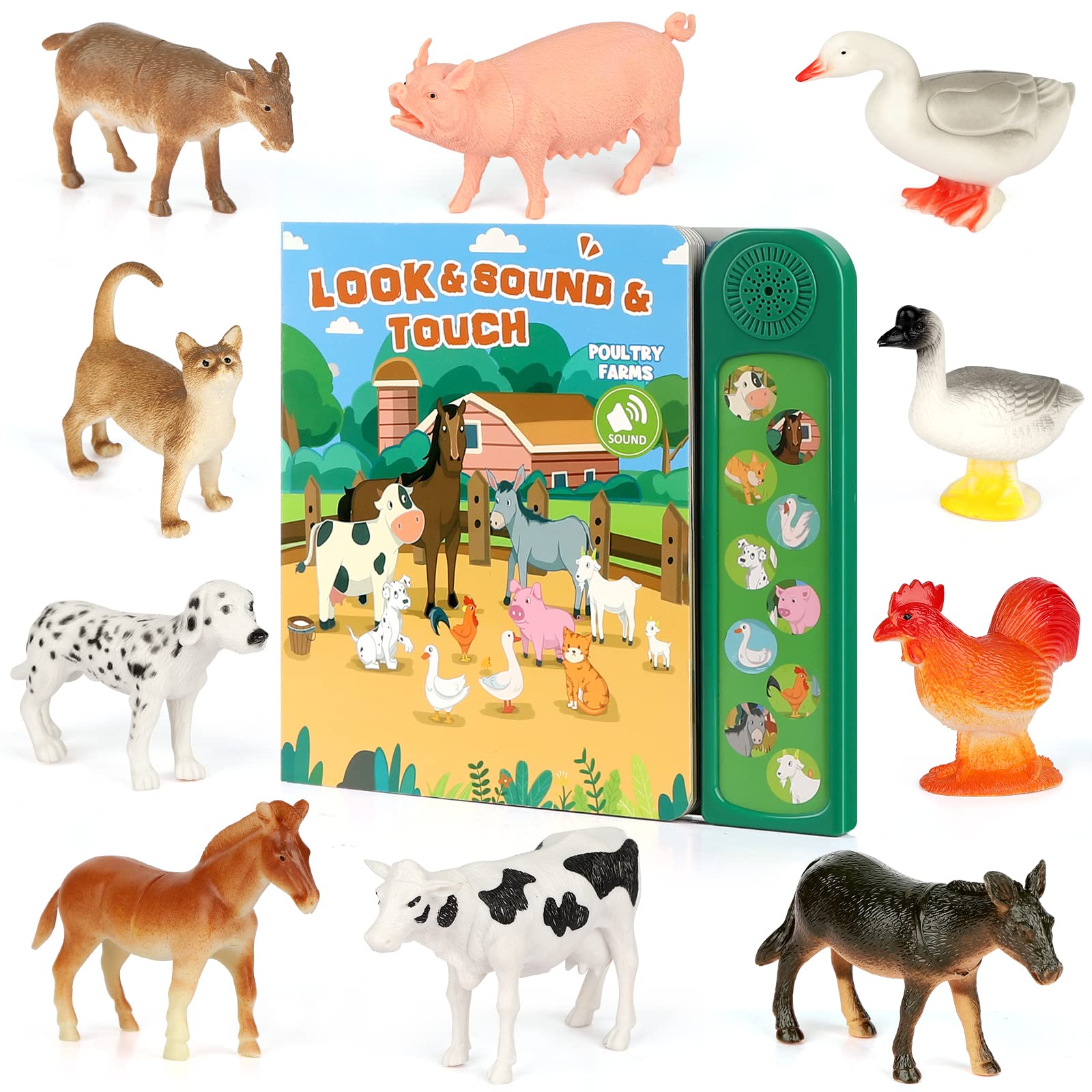 DOMNIU Farm Animals Figures Toys with 10 Realistic Plastic Animal Figurines & Kids Sound Book, Educational Learning Toys Gift for 3 Years Old & Up Toddlers Kids Boys Girls