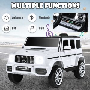 OLAKIDS 12V Kids Ride On Car, Licensed Mercedes Benz G63 Electric Vehicle with Remote Control, Double Open Doors, Music, Bluetooth, 2 Speeds, Wheels Suspension, Battery Powered Driving Toy (White)