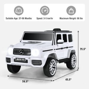 OLAKIDS 12V Kids Ride On Car, Licensed Mercedes Benz G63 Electric Vehicle with Remote Control, Double Open Doors, Music, Bluetooth, 2 Speeds, Wheels Suspension, Battery Powered Driving Toy (White)