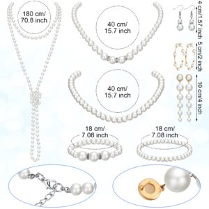 Yaomiao 8 Pcs Pearl Jewelry Set 1920s Costume Accessories for Women Long Pearl Necklace Hoop Earrings Bracelet New Year Gift(Vintage Style)