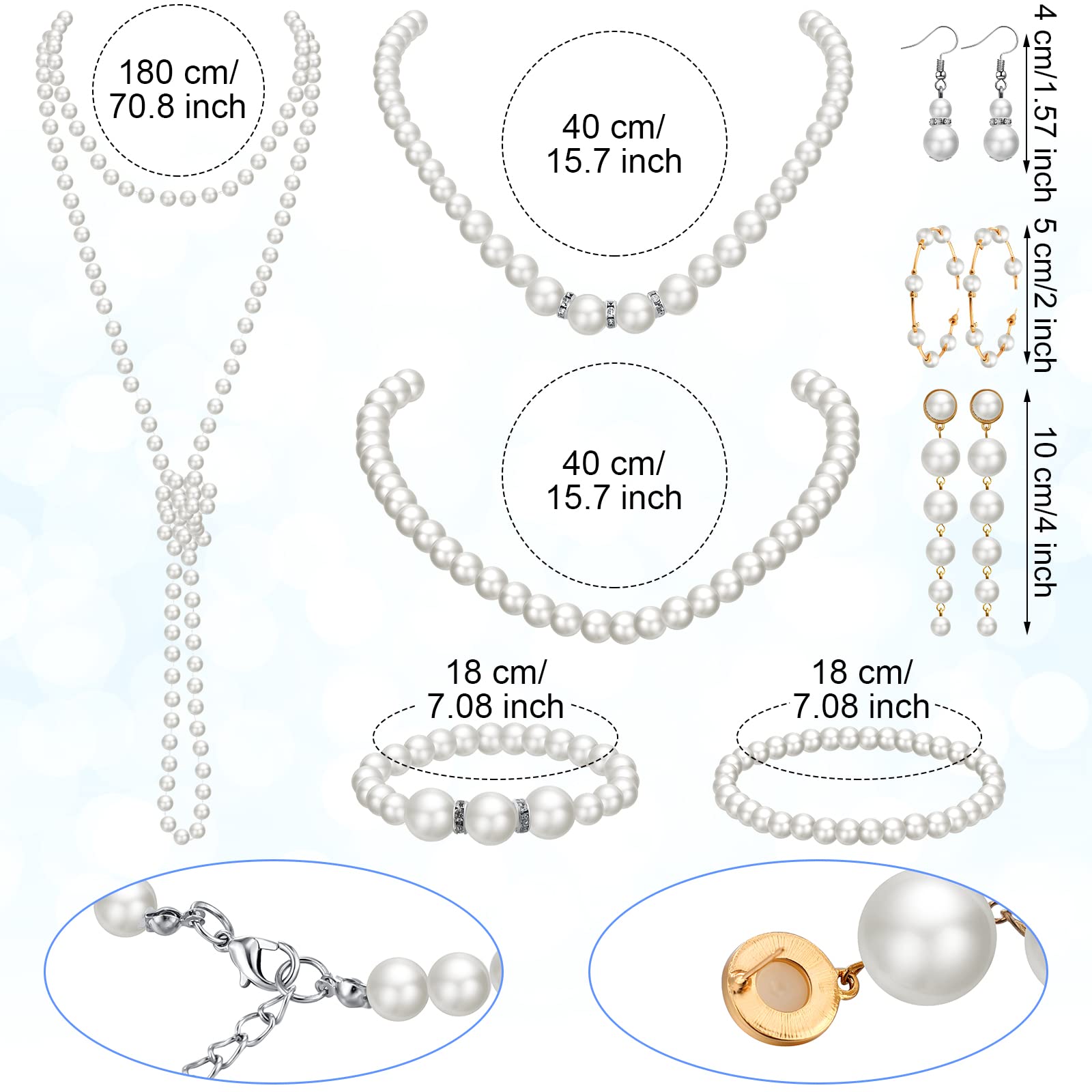 Yaomiao 8 Pcs Pearl Jewelry Set 1920s Costume Accessories for Women Long Pearl Necklace Hoop Earrings Bracelet New Year Gift(Vintage Style)