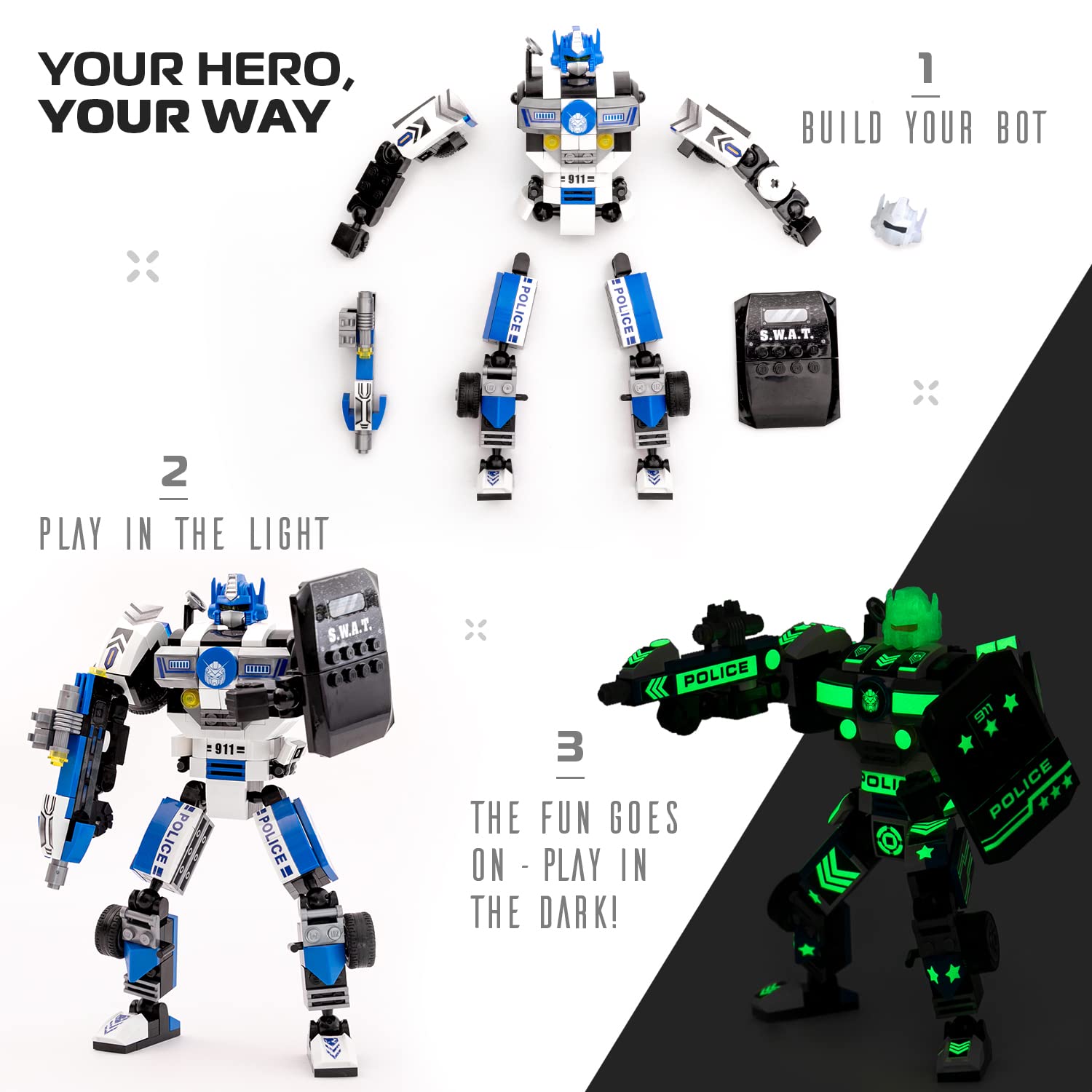 JITTERYGIT Robot Police Mech Glow in The Dark Toy Cop Gift, SWAT Action Figure Buildable STEM Building Superheroes Soldier - Cool Present for Boys, Girls, Kids, Children Ages 6 7 8 9 10 Year Olds